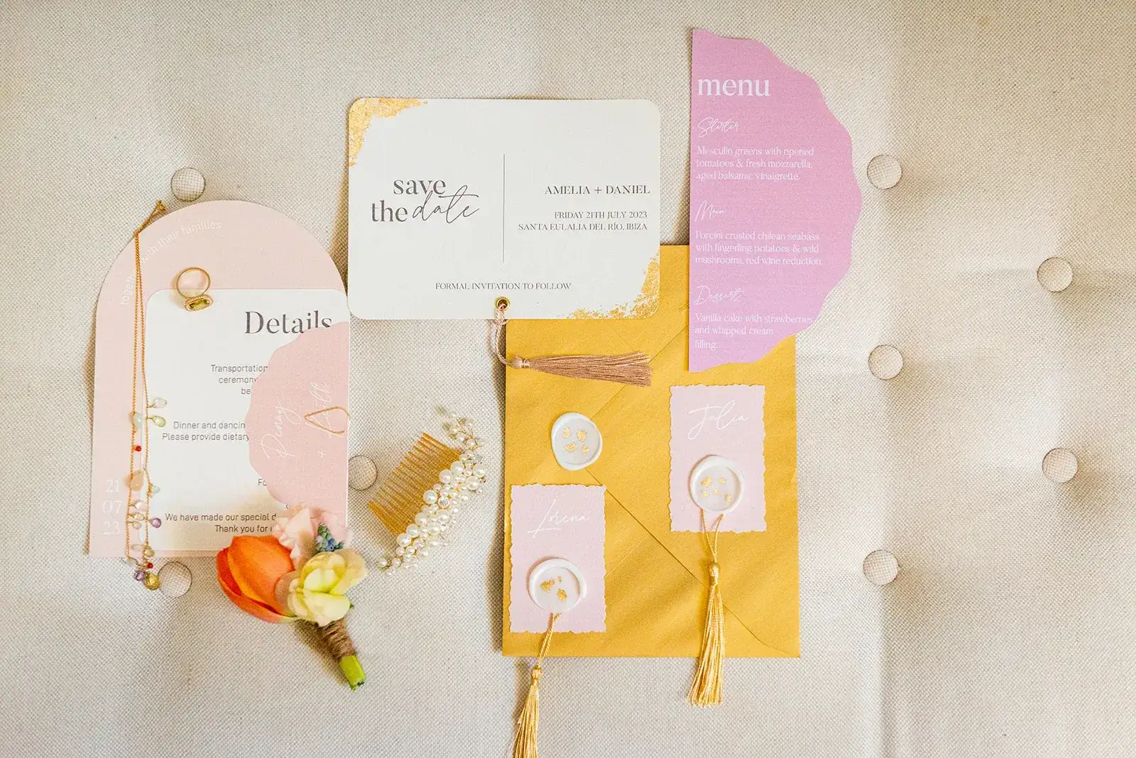 Colourful stationery: save the date and menus, spring styled shoot