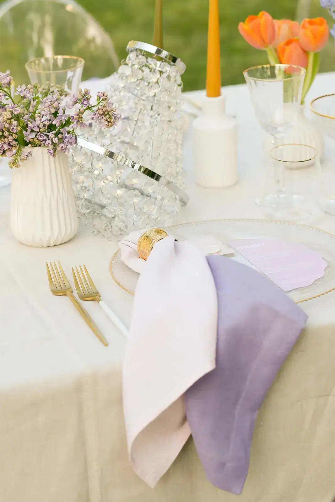 Lilac linen napkins and crystal, spring styled shoot