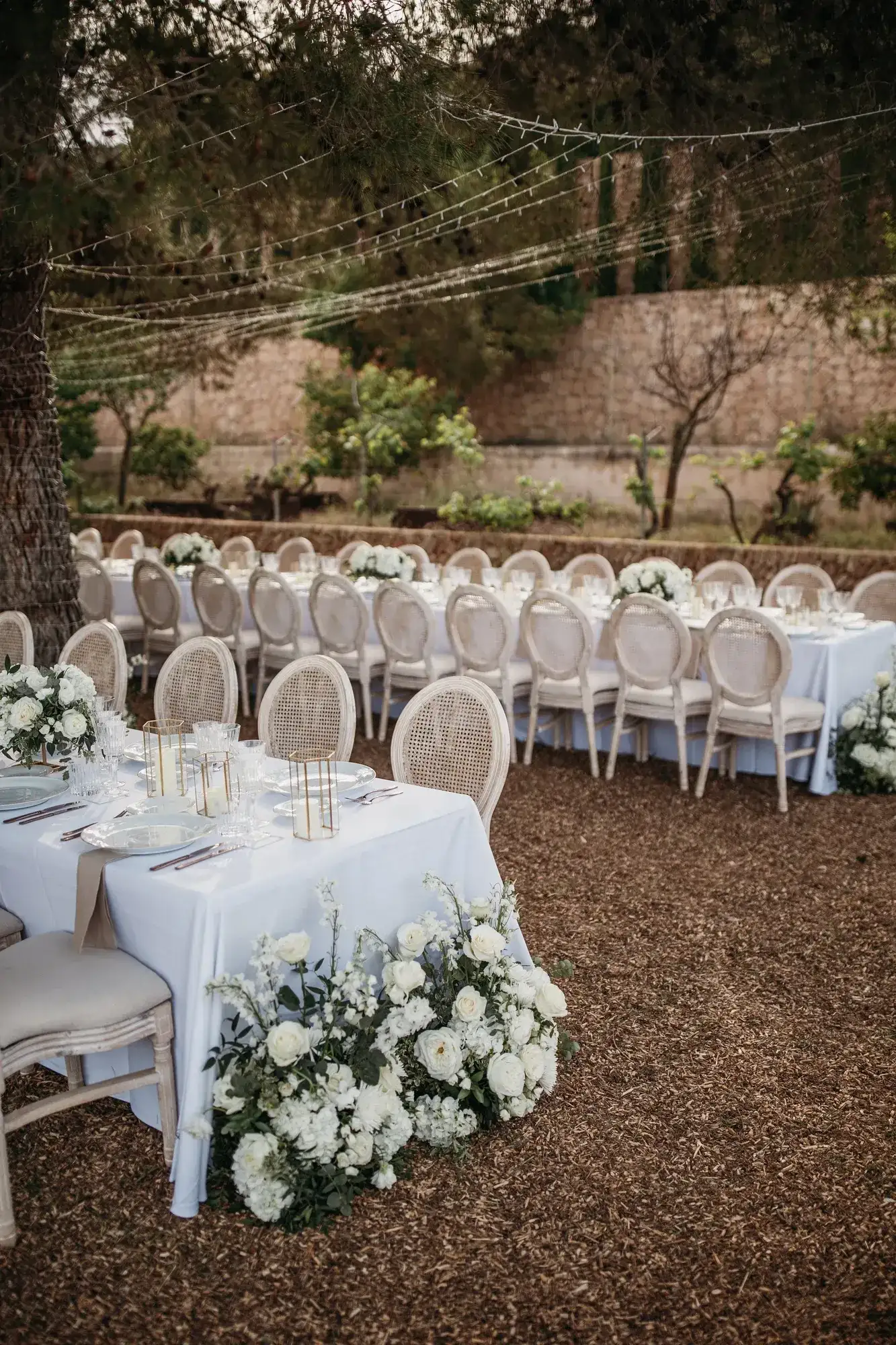 A white table and roses under string lights