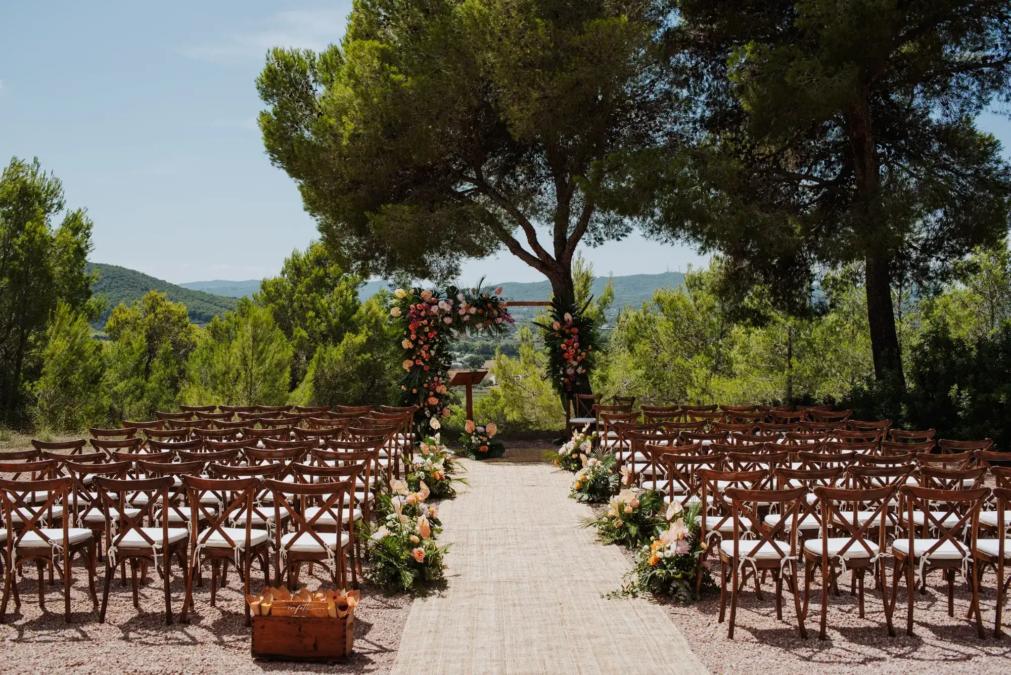 A ceremony aisle under the pines, hills beyond