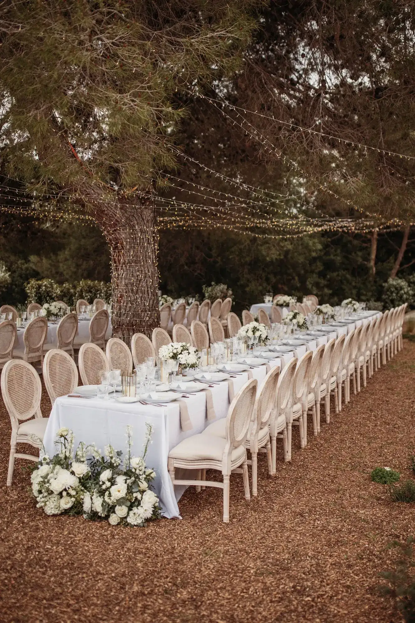 Rattan chairs and white linen down a long table