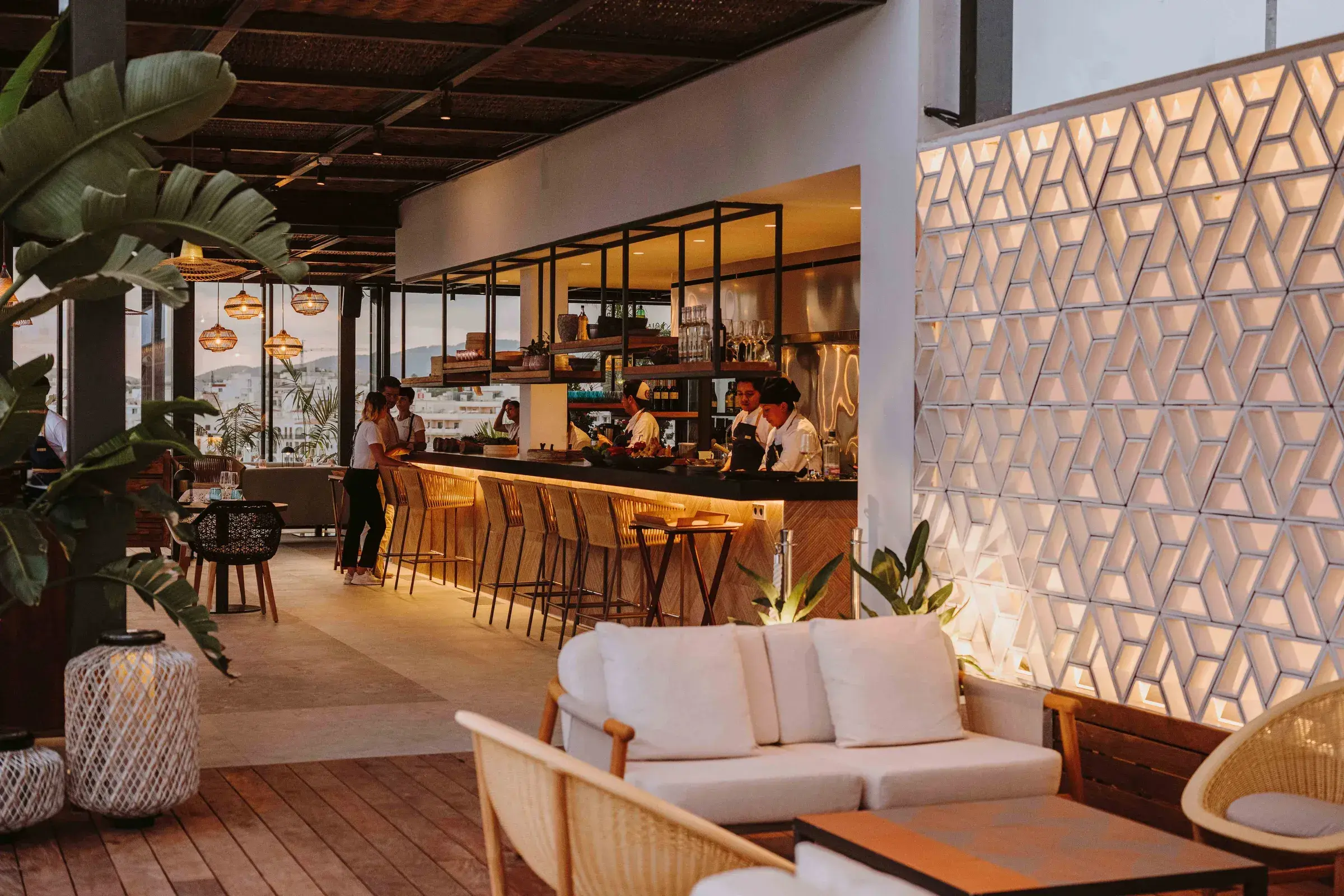 Aguas de Ibiza: Rooftop restaurant and bar with lattice wall and lounge seating