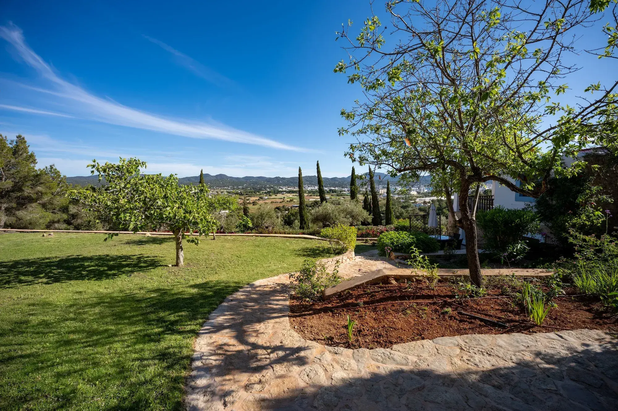 Can Frare: Lawn with fruit trees and cypresses