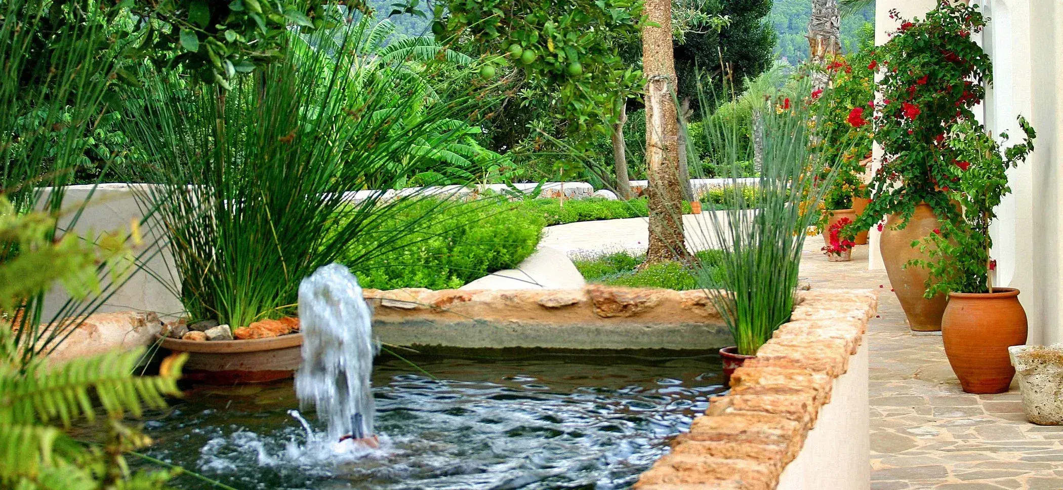 Can Gall: Water channel and fountain with terracotta pots