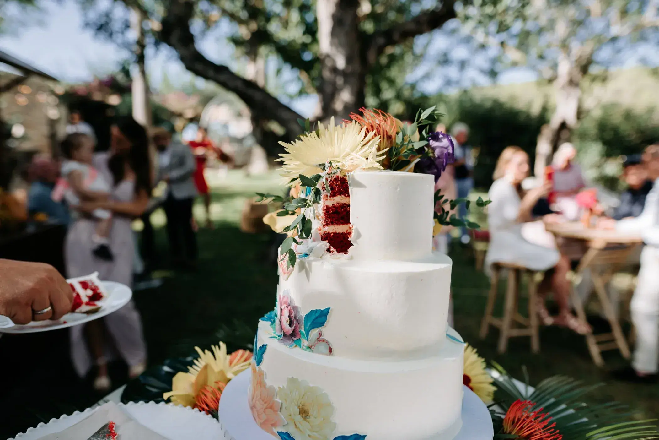 Can Lluc: Wedding cake on a table with guests seated in the garden behind