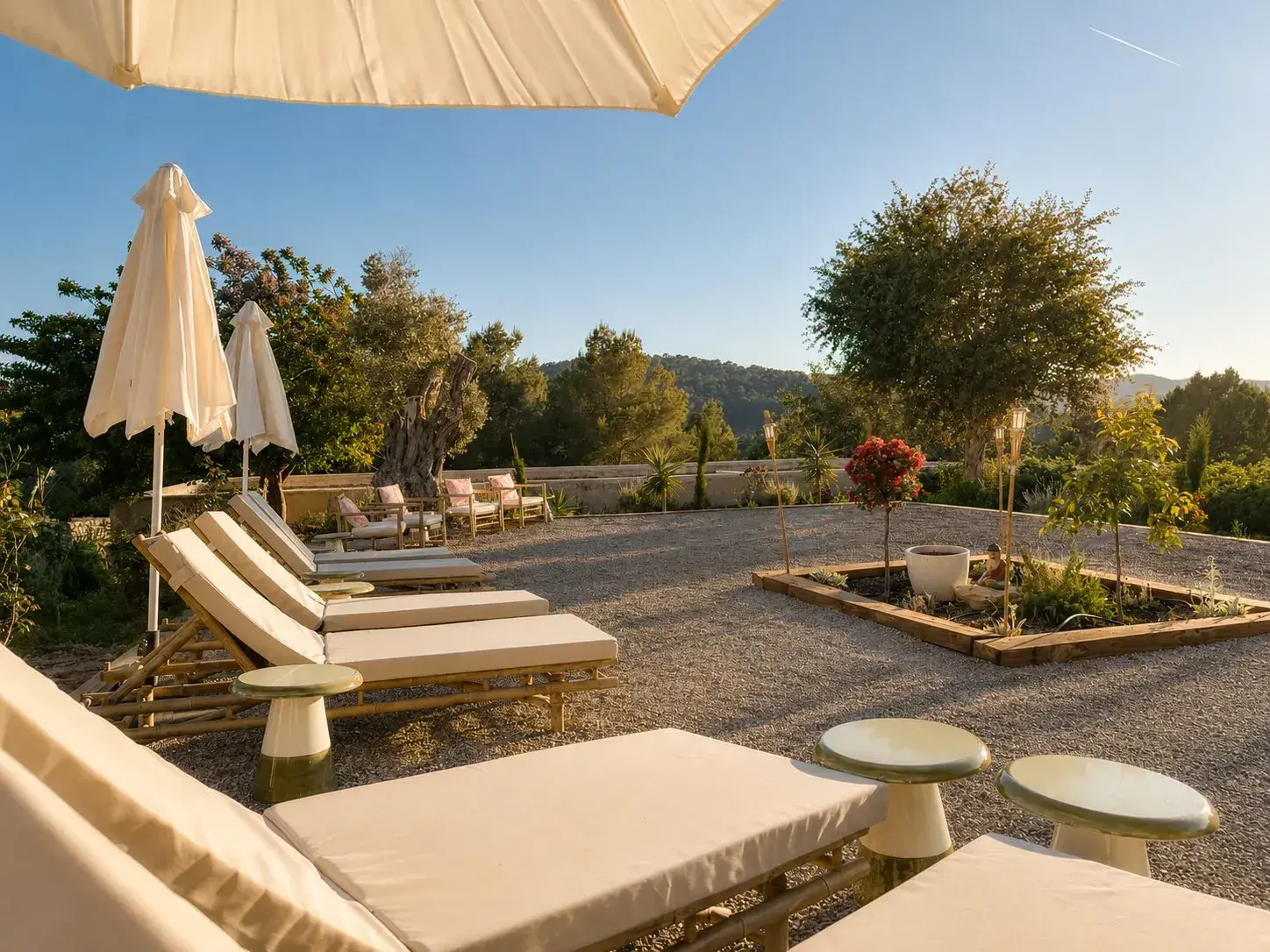 Can Skye Ibiza: Sun loungers on a gravel terrace among olive trees