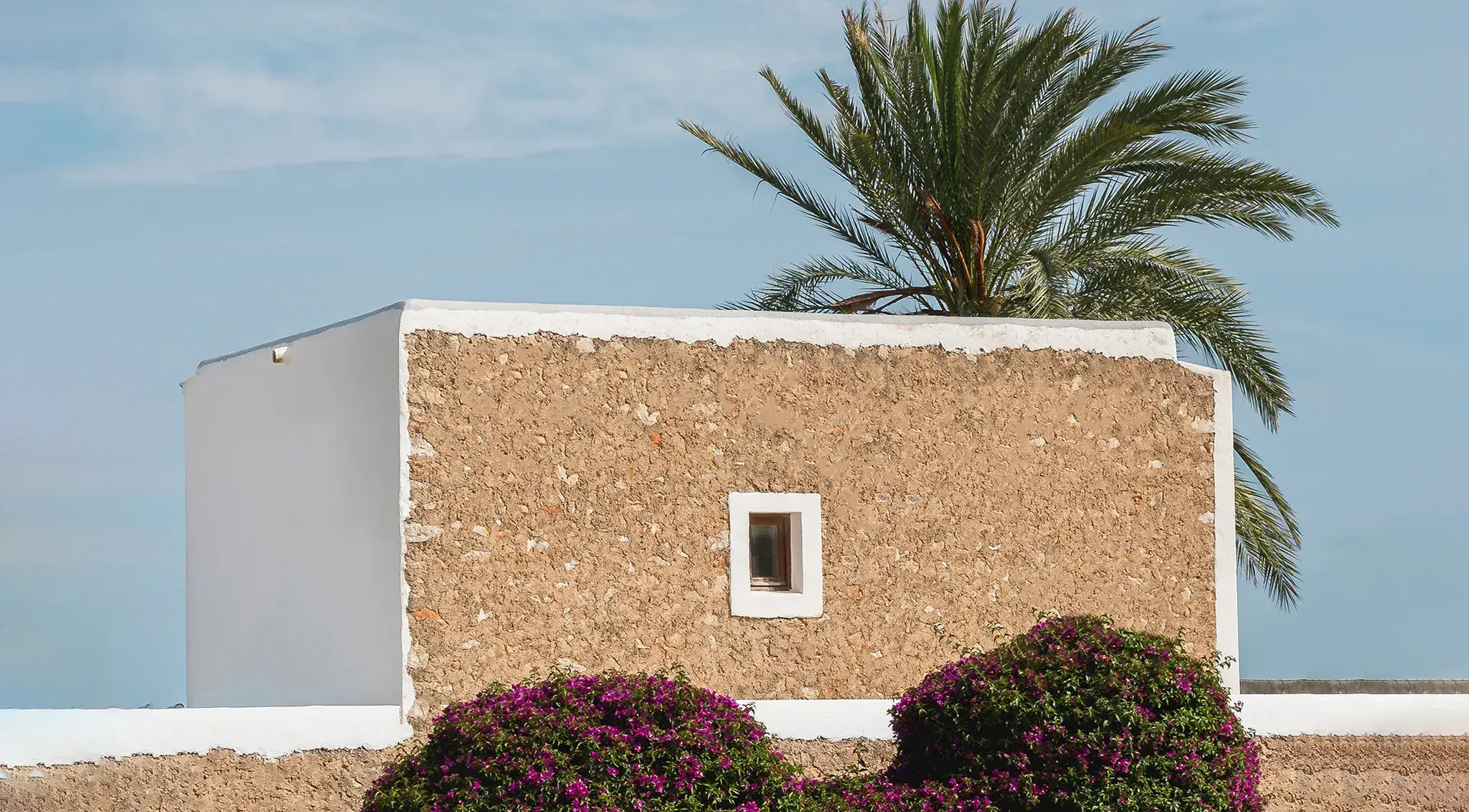 Casa Maca: Whitewashed stone farm building with palm tree and bougainvillea