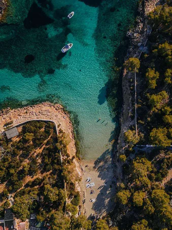 El Chiringuito Cala Gracioneta: Aerial view of the small cove, pines and moored boats (678px)