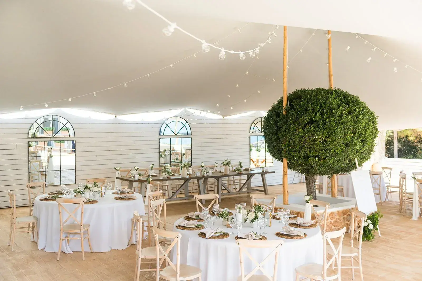 Elixir: Dinner tent set with round tables around a clipped olive tree
