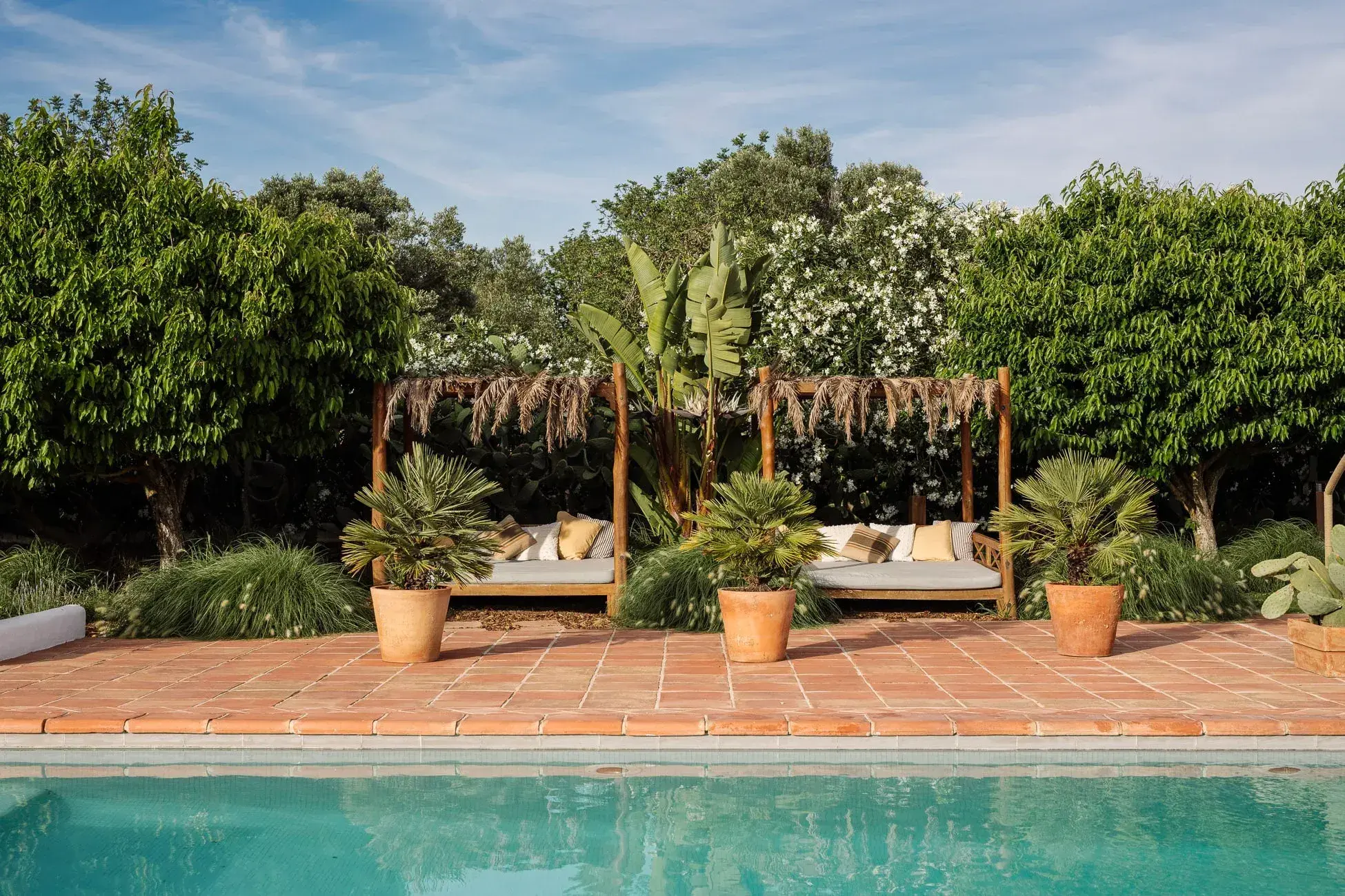 Las Cicadas: Pool with terracotta deck and two daybeds against garden trees