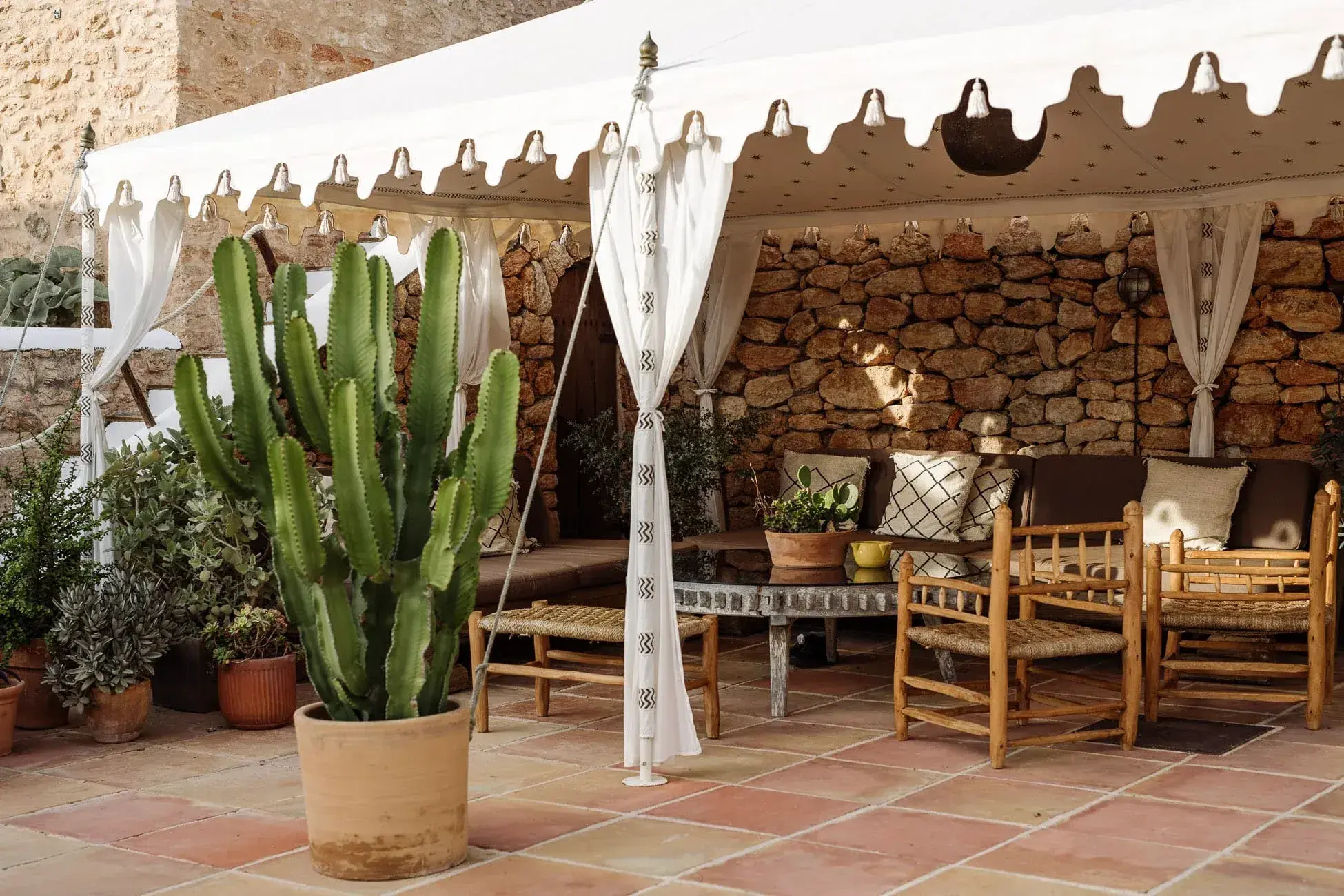 Las Cicadas: Tented patio lounge with cactus beside a dry-stone wall