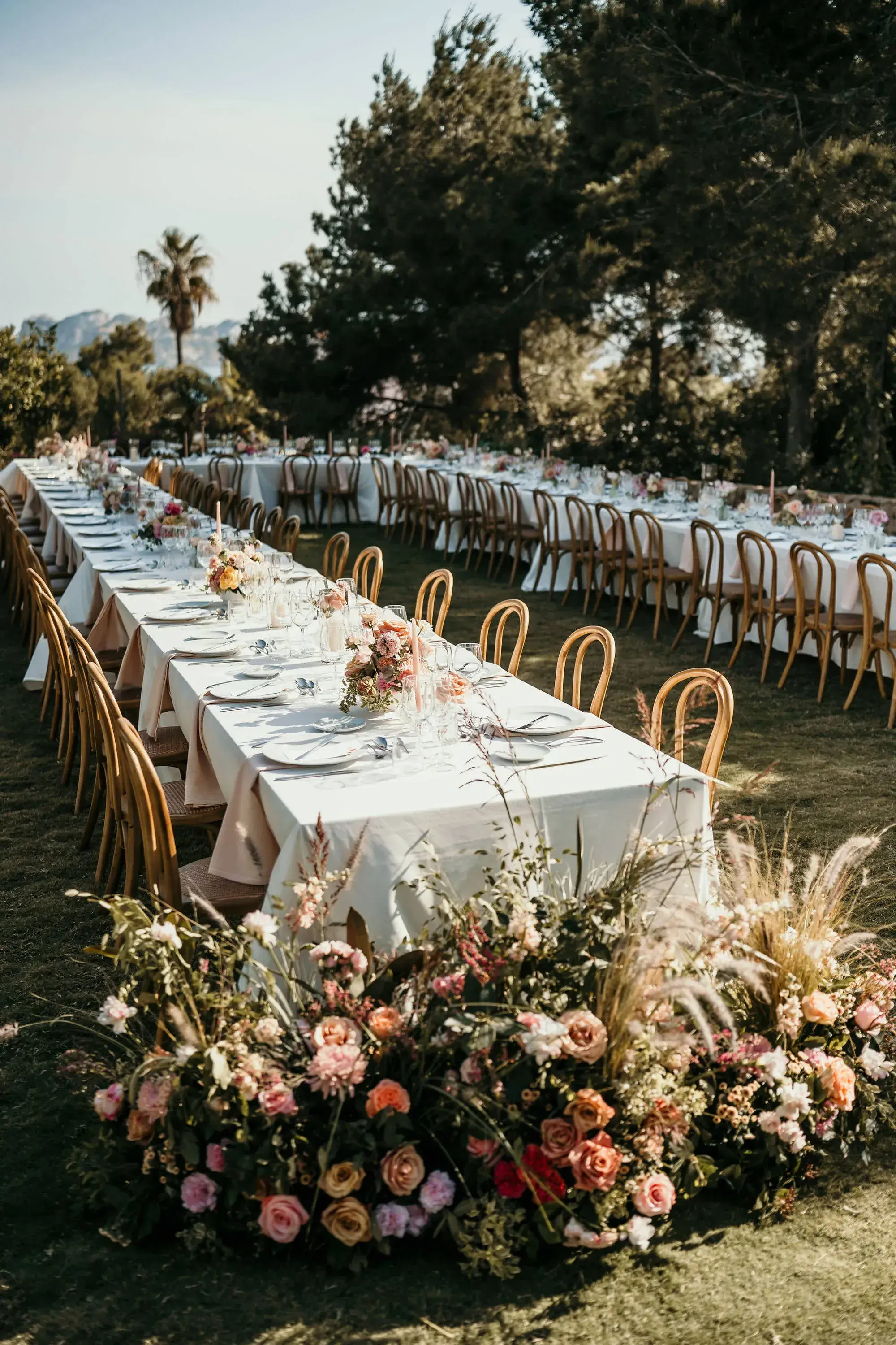 Petunia Ibiza: Long reception tables on the lawn with a flower arrangement in front