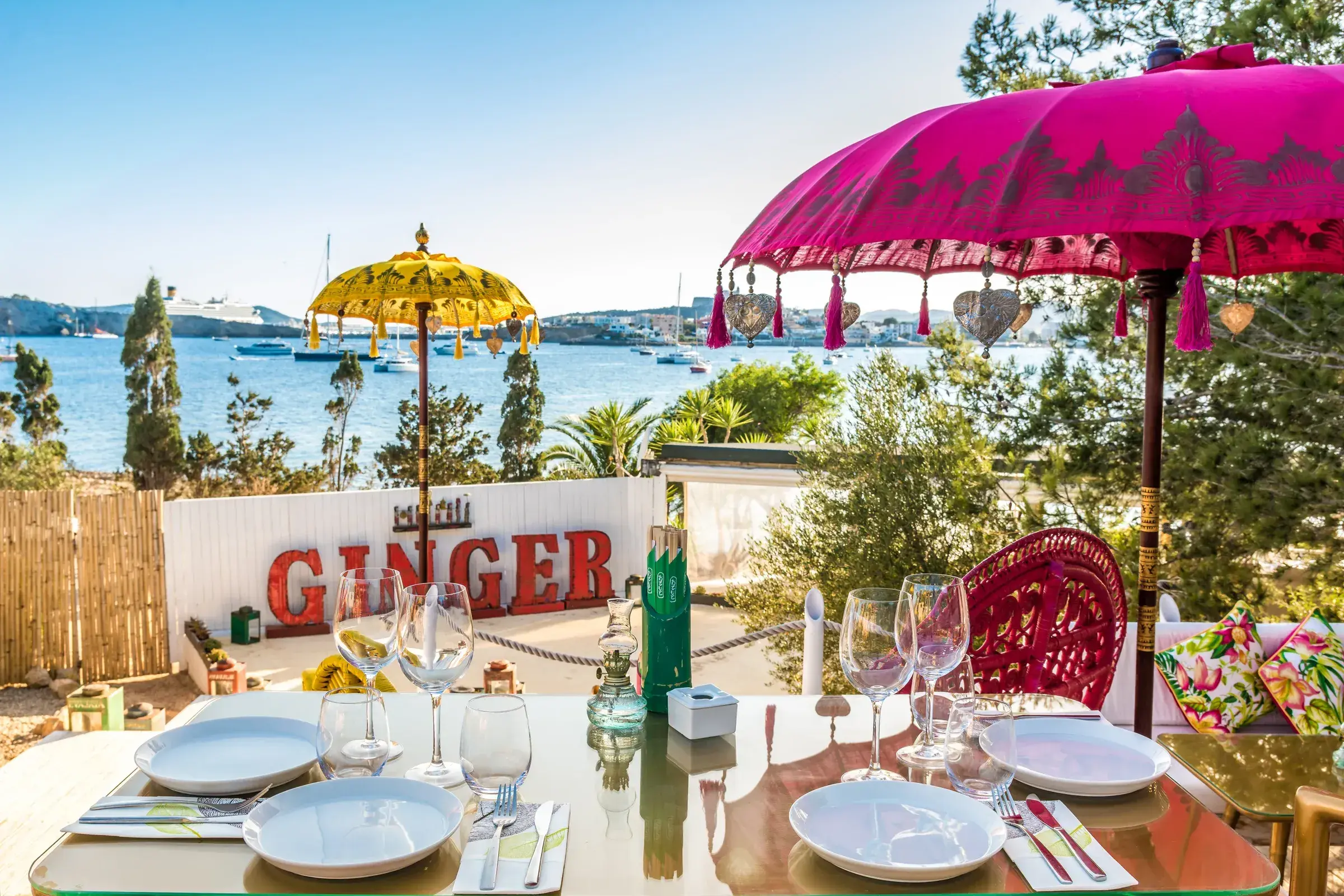 Sa Punta: Ginger pool area with sea view and parasols
