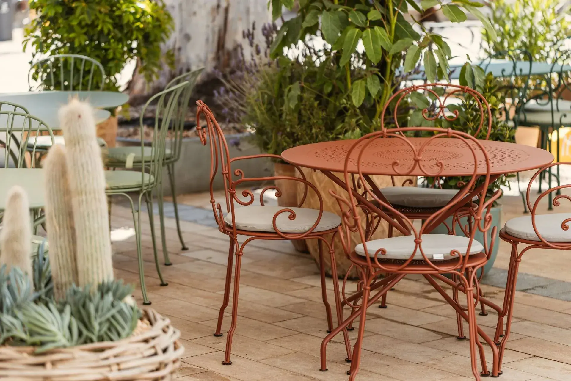 The Standard Ibiza: Jara terrace with terracotta iron chairs and cacti
