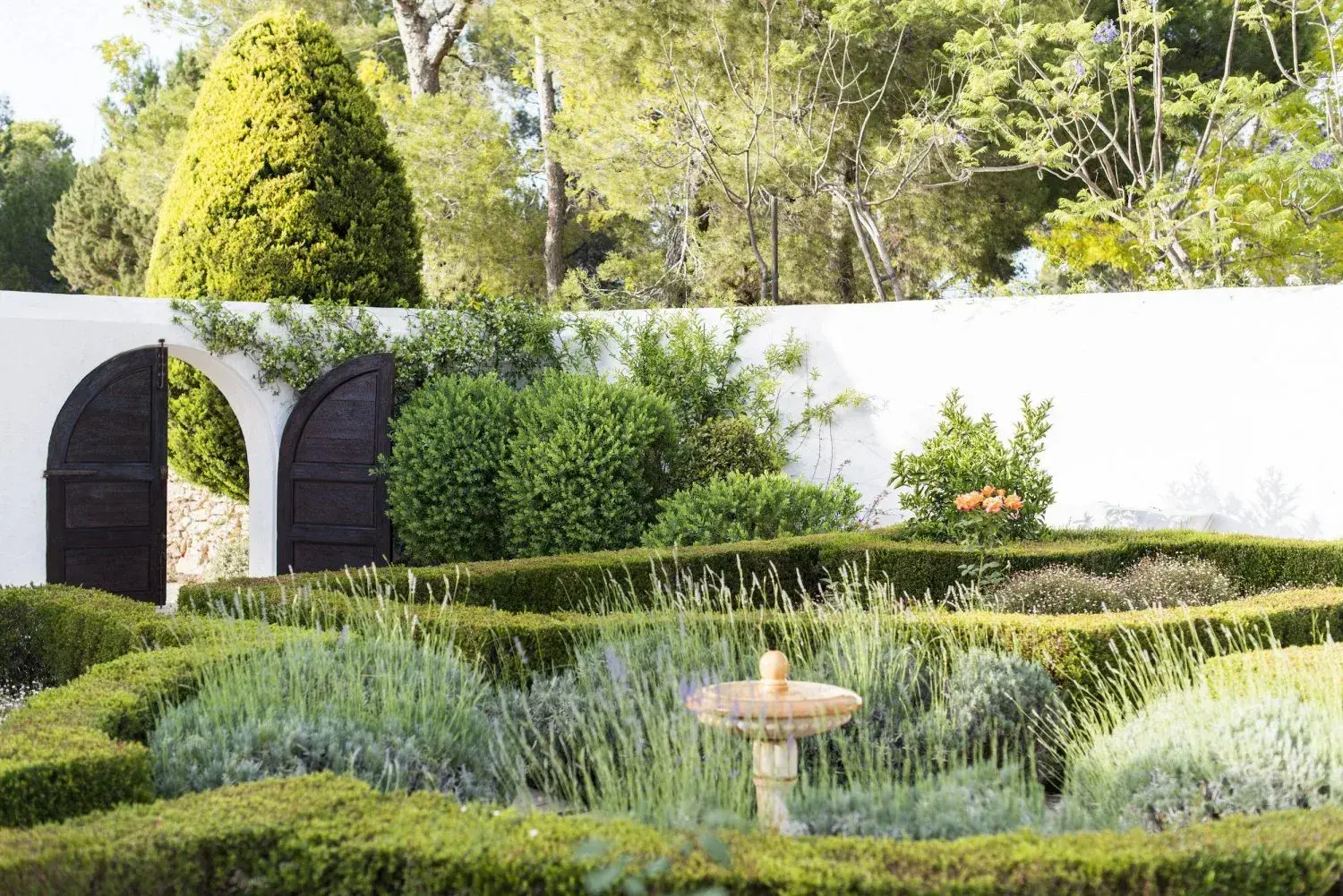 Villa Santy: Box-hedge garden with lavender, fountain and arched gate