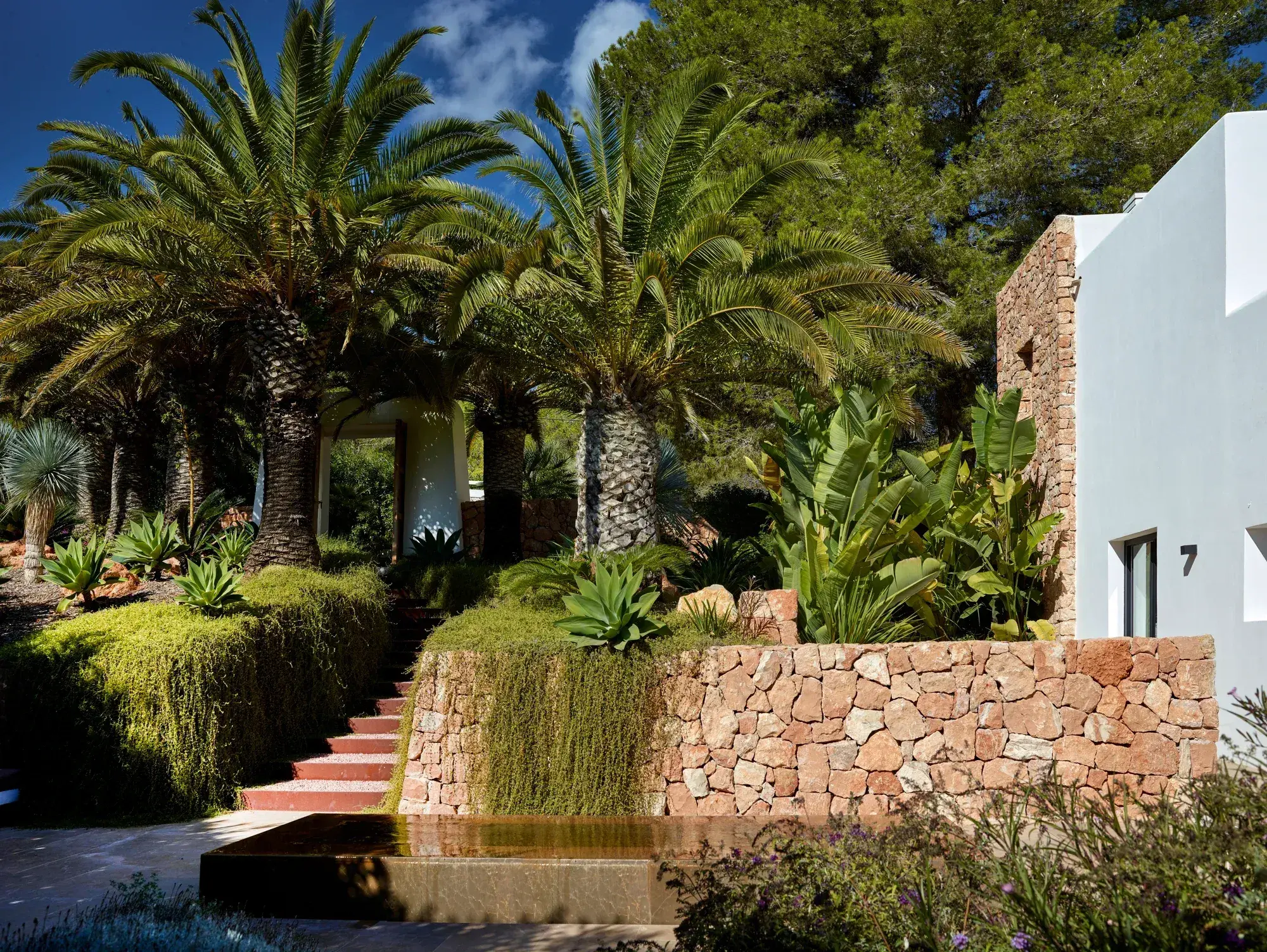 Villa Uma: Palm garden with stone terrace walls and steps