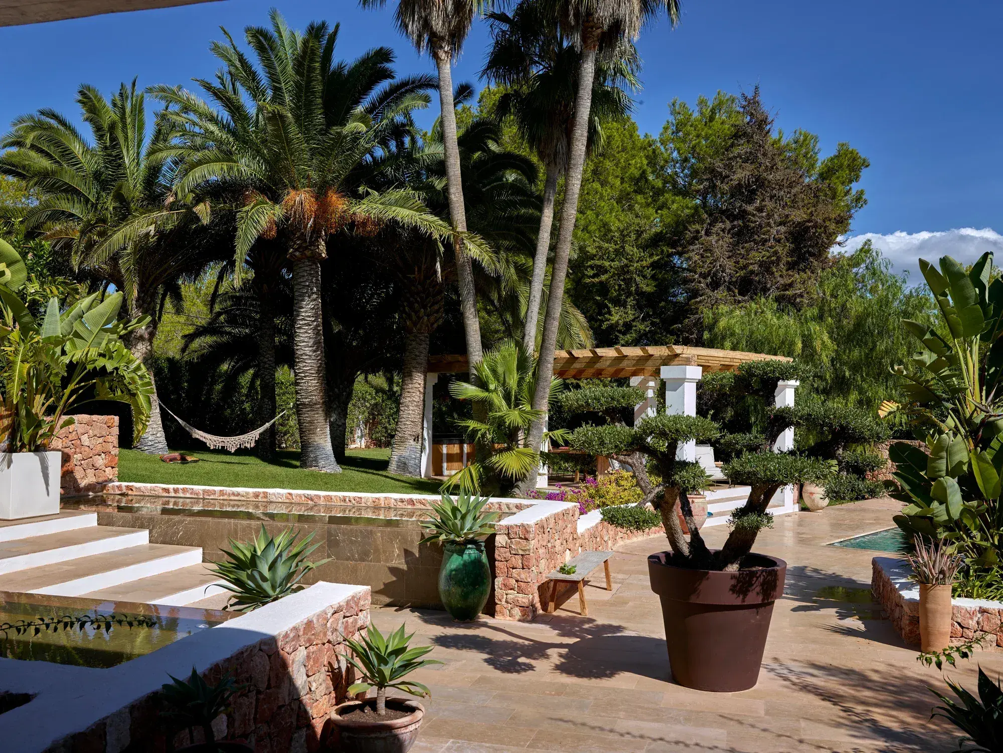 Villa Uma: Terraced garden with palms, steps and a hammock