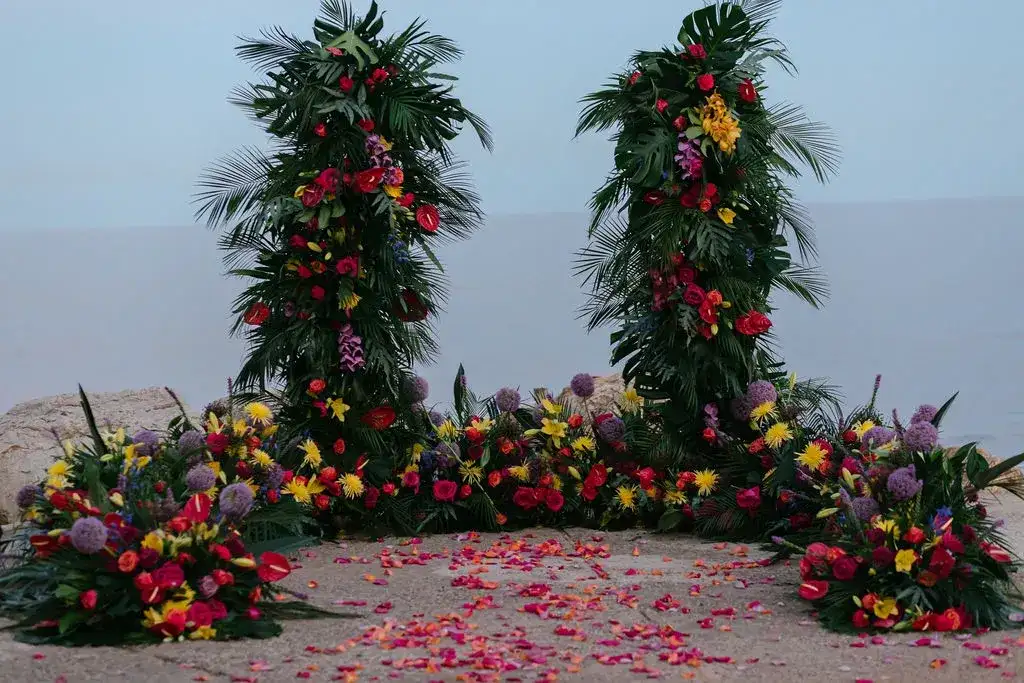 Tropical flower columns and petals on the clifftop