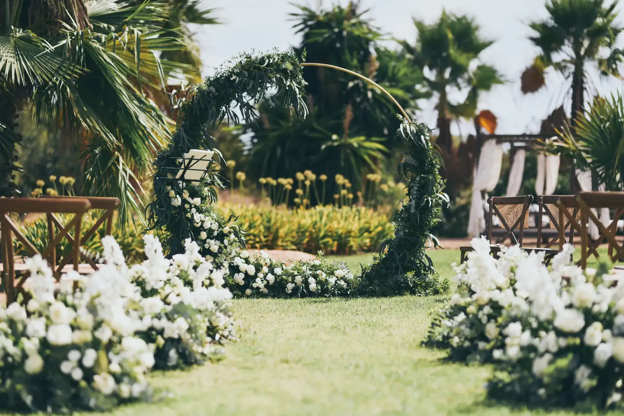 White hydrangeas and a green floral hoop for a garden ceremony